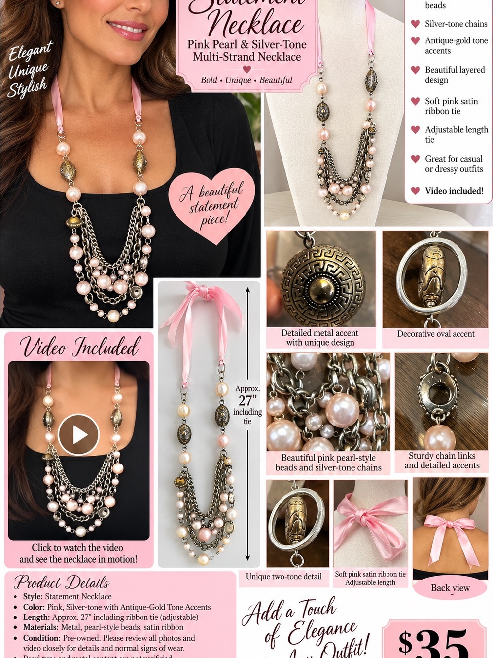 Pink Pearl & Silver-Tone Multi-Strand Statement Necklace - Unbranded